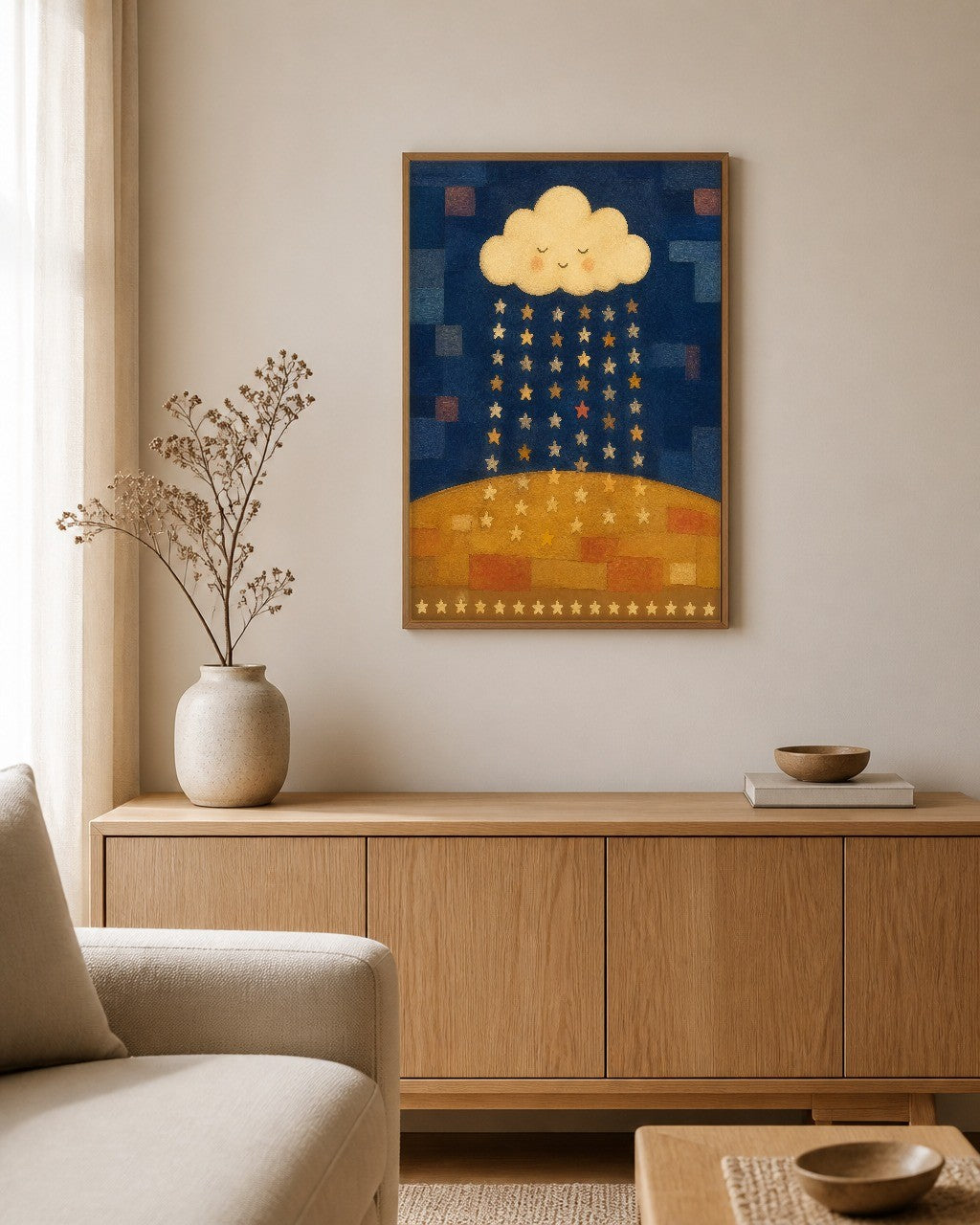 The Star Rain framed canvas hanging on a calm nursery wall