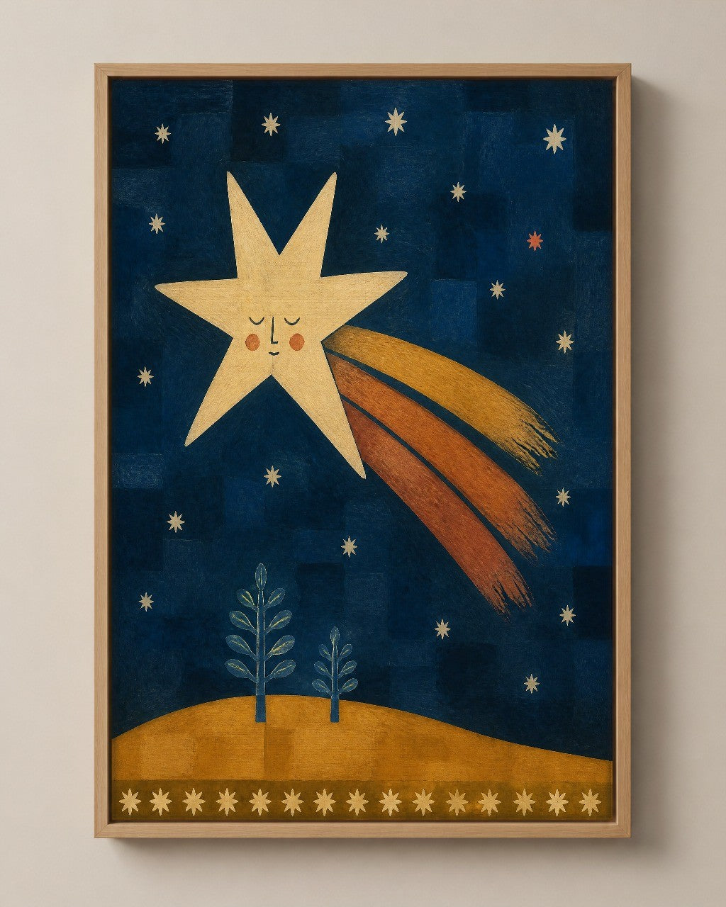The Falling Star celestial folk art canvas in a natural wood floater frame, seen from the front