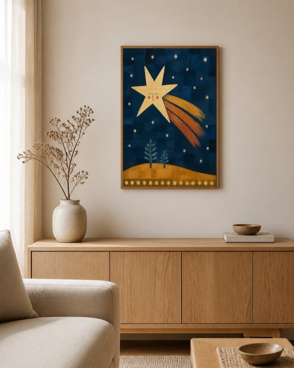 The Falling Star framed canvas hanging on a calm nursery wall