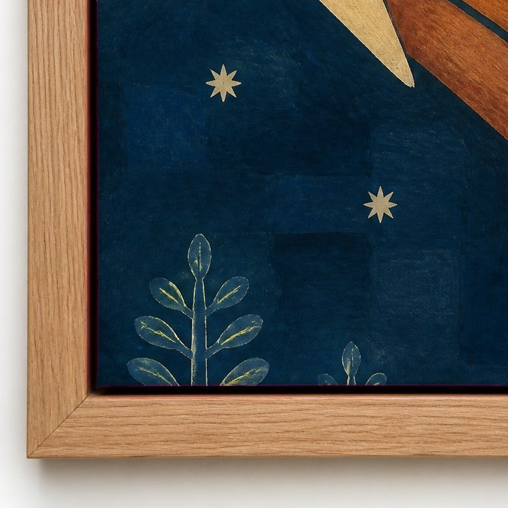 Close up of the natural wood floater frame and the cotton canvas texture