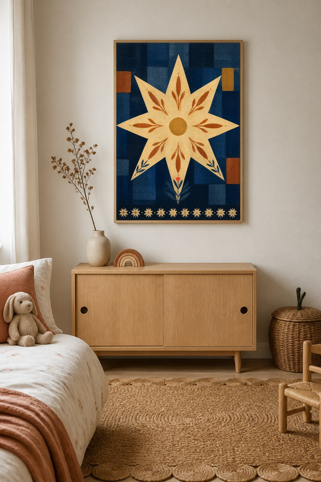 The Star Flower framed canvas above a sideboard in a child's room