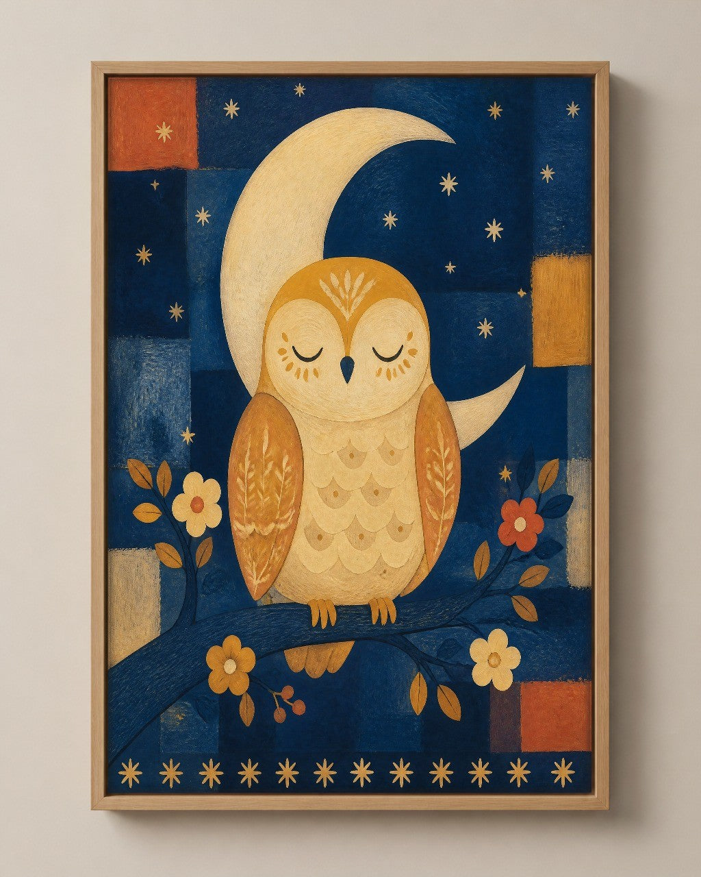 The Dozing Owl folk art canvas in a natural wood floater frame, seen from the front