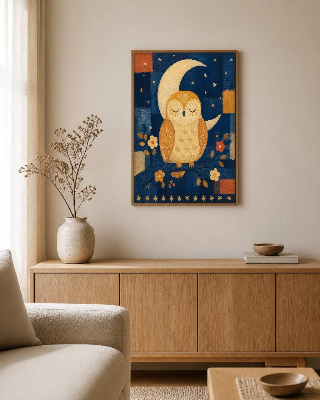 The Dozing Owl framed canvas hanging on a calm nursery wall
