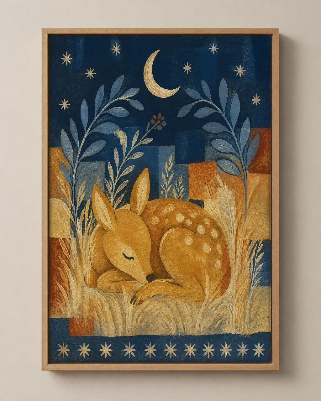 The Sleeping Fawn folk art canvas in a natural wood floater frame, seen from the front