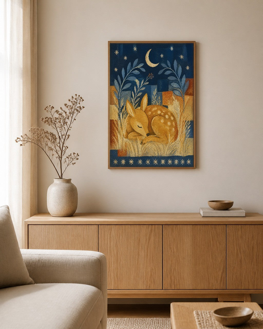 The Sleeping Fawn framed canvas hanging on a calm nursery wall