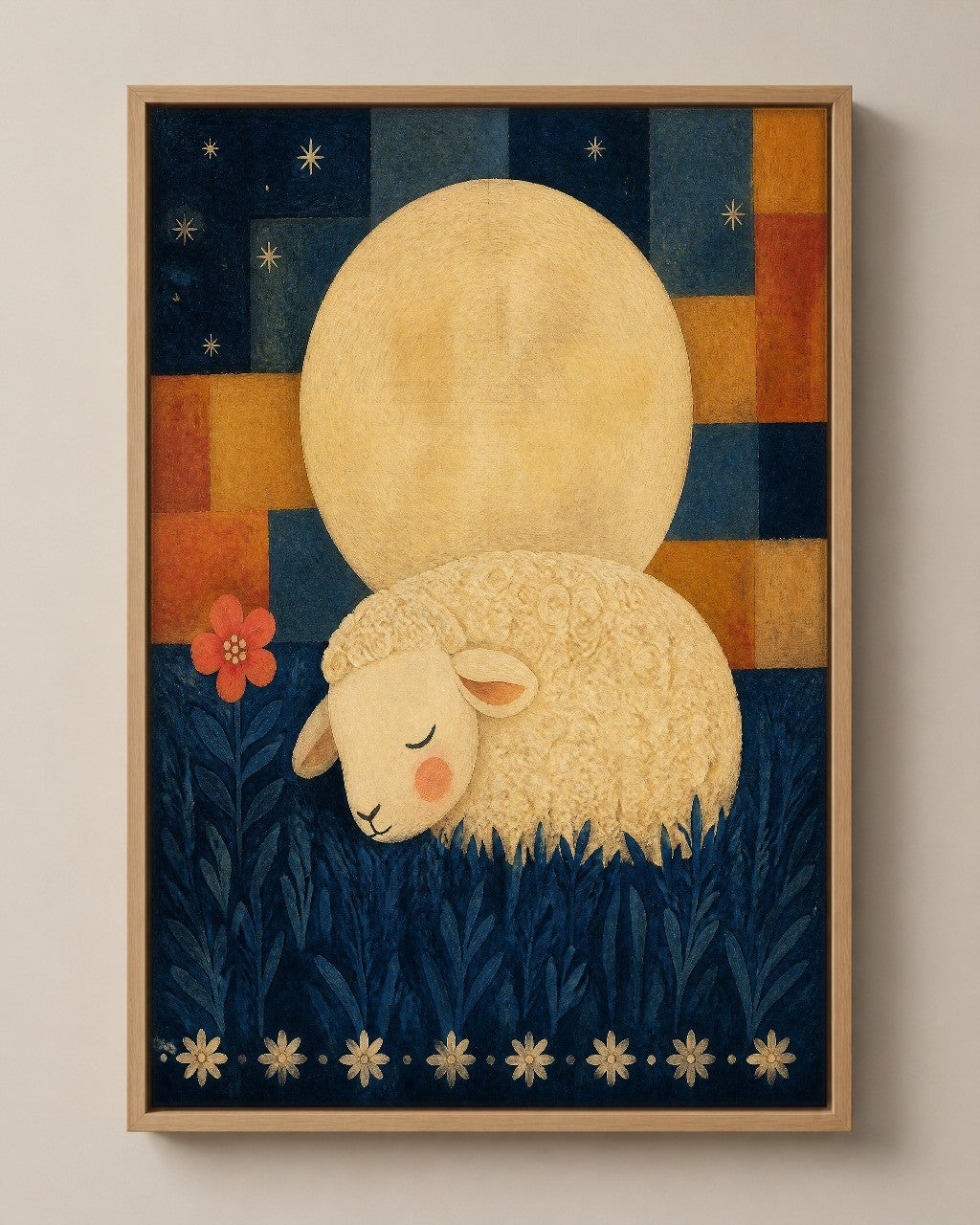 The Sleeping Lamb folk art canvas in a natural wood floater frame, seen from the front