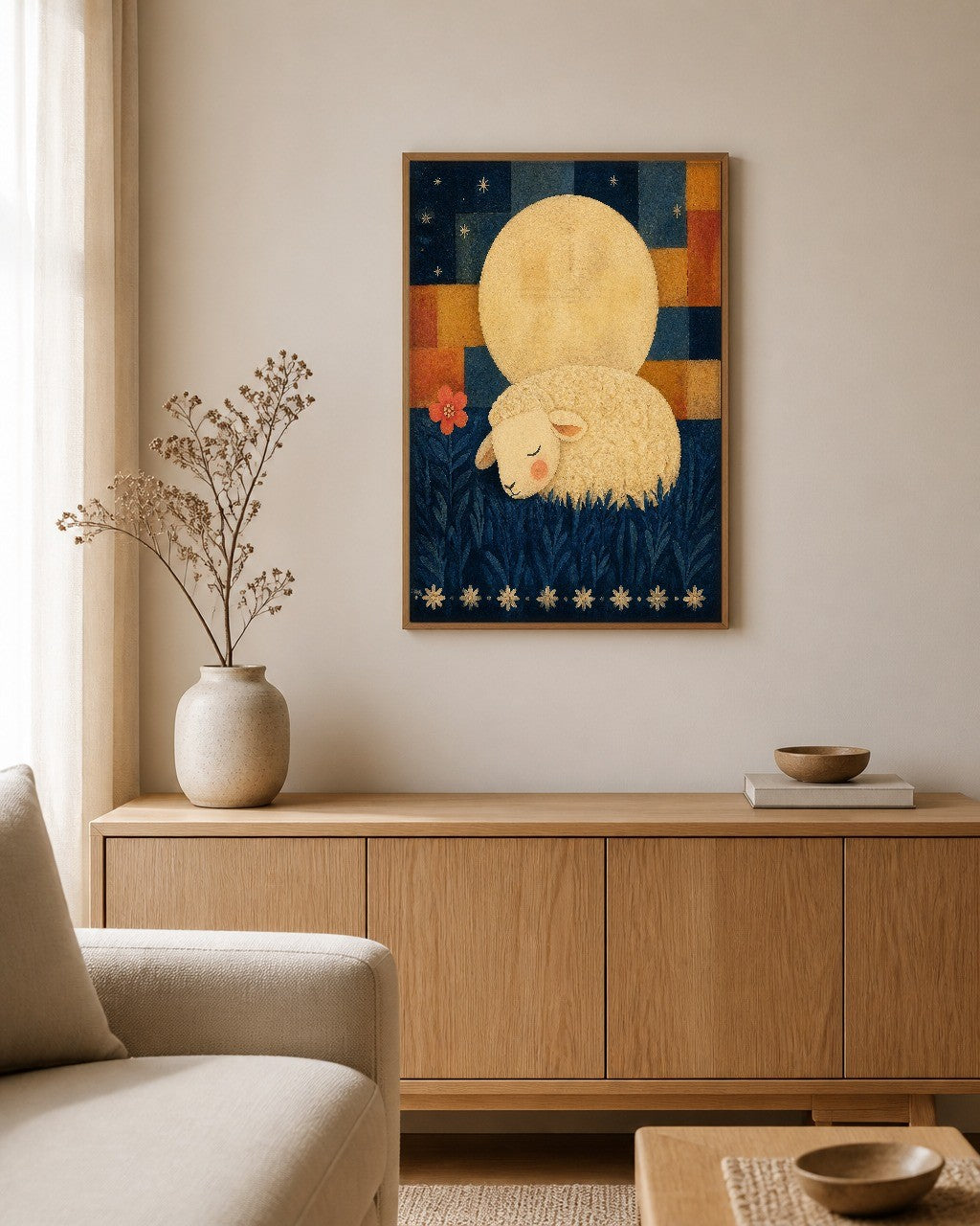 The Sleeping Lamb framed canvas hanging on a calm nursery wall