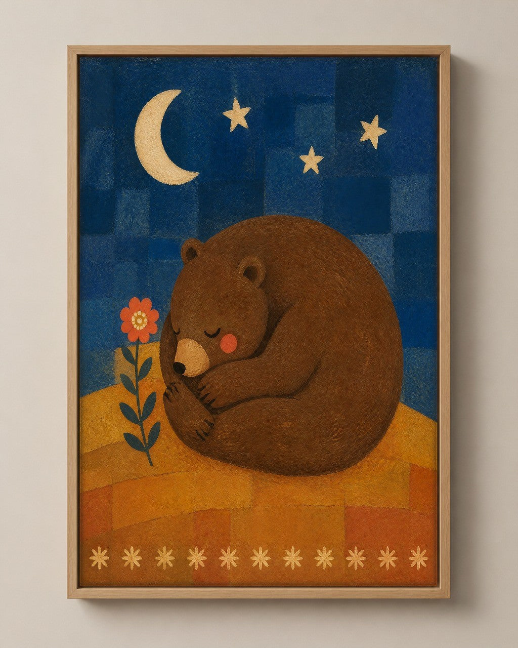 The Sleeping Bear folk art canvas in a natural wood floater frame, seen from the front