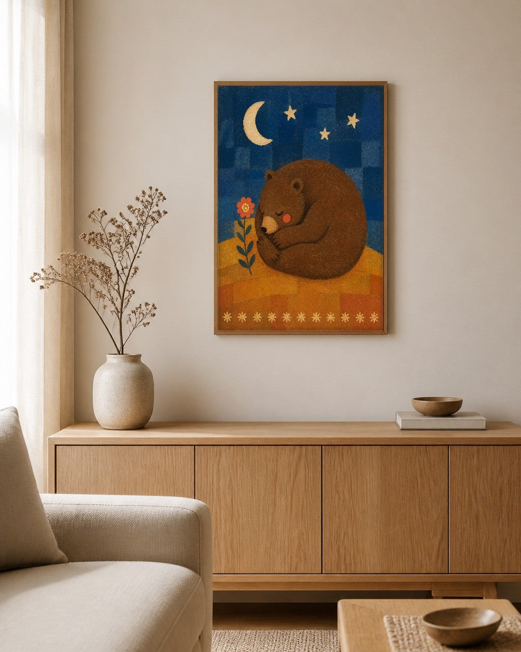 The Sleeping Bear framed canvas hanging on a calm nursery wall