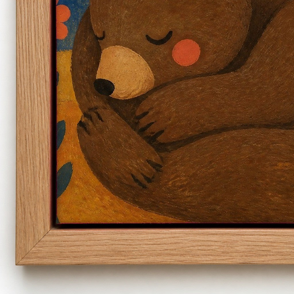 Close up of the natural wood floater frame and the cotton canvas texture