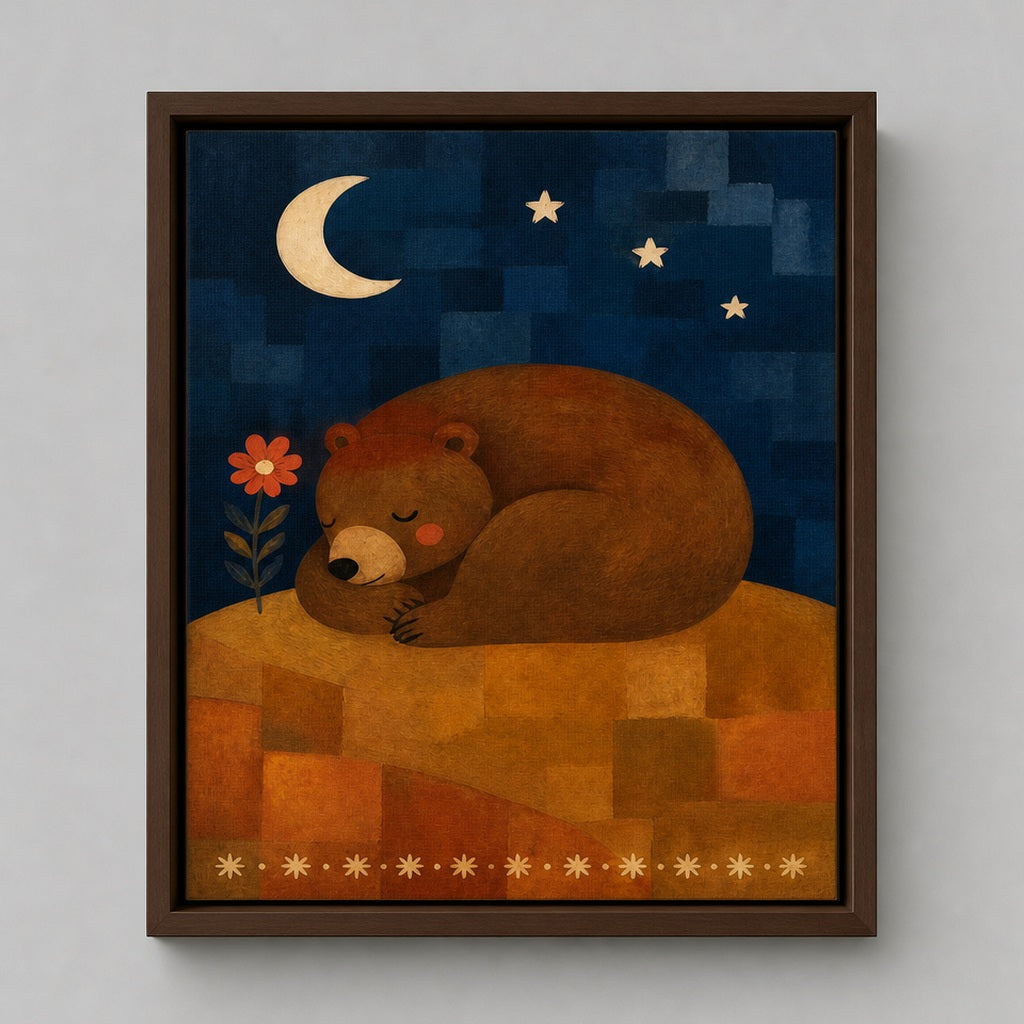 The Sleeping Bear folk art canvas in a brown dark wood floater frame