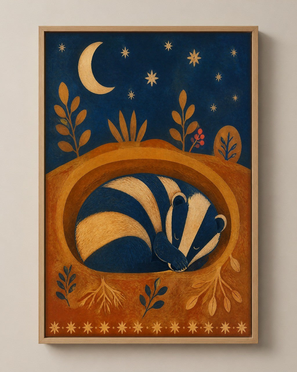 The Sleeping Badger folk art canvas in a natural wood floater frame, seen from the front