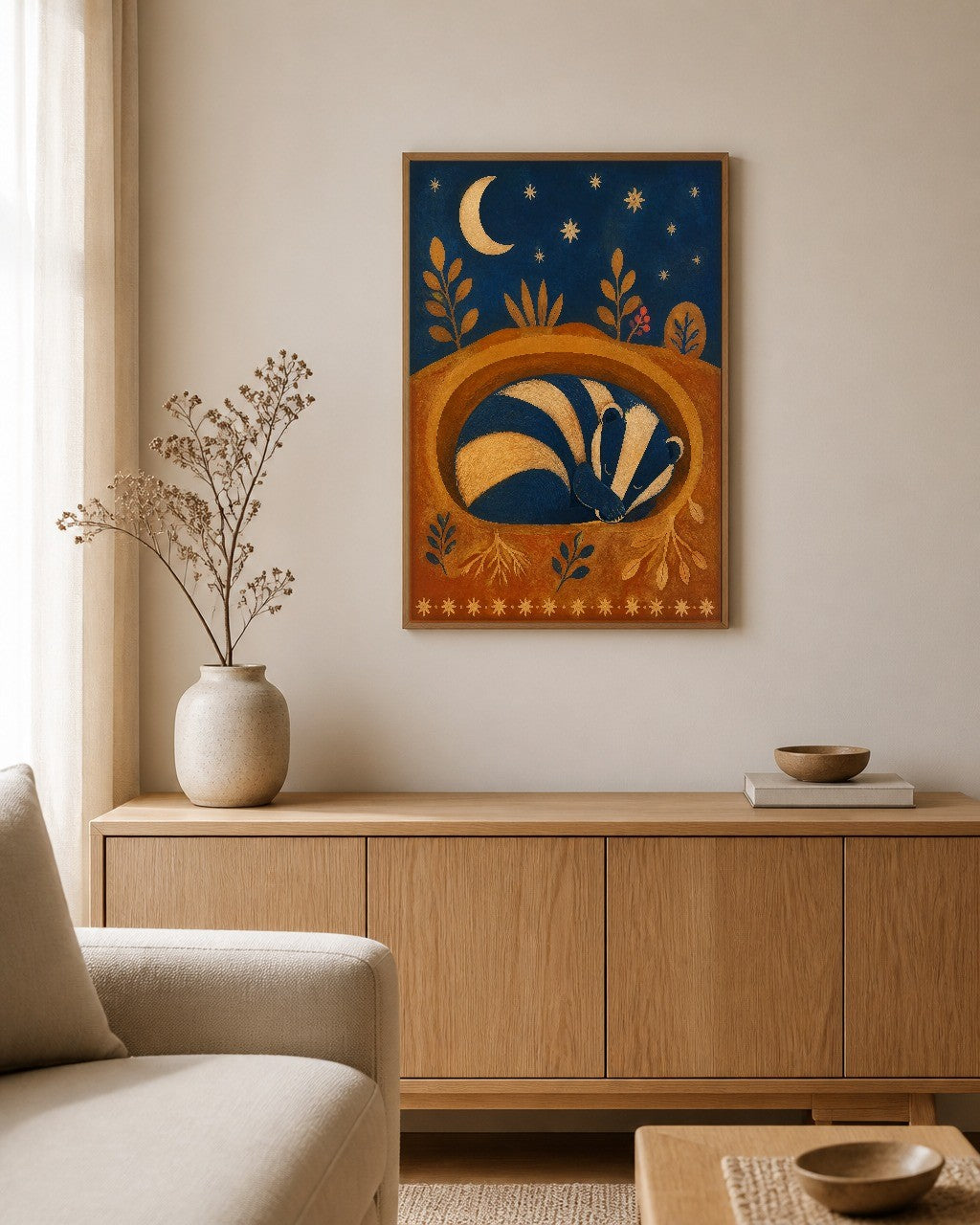 The Sleeping Badger framed canvas hanging on a calm nursery wall