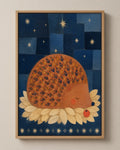 The Sleeping Hedgehog folk art canvas in a natural wood floater frame, seen from the front