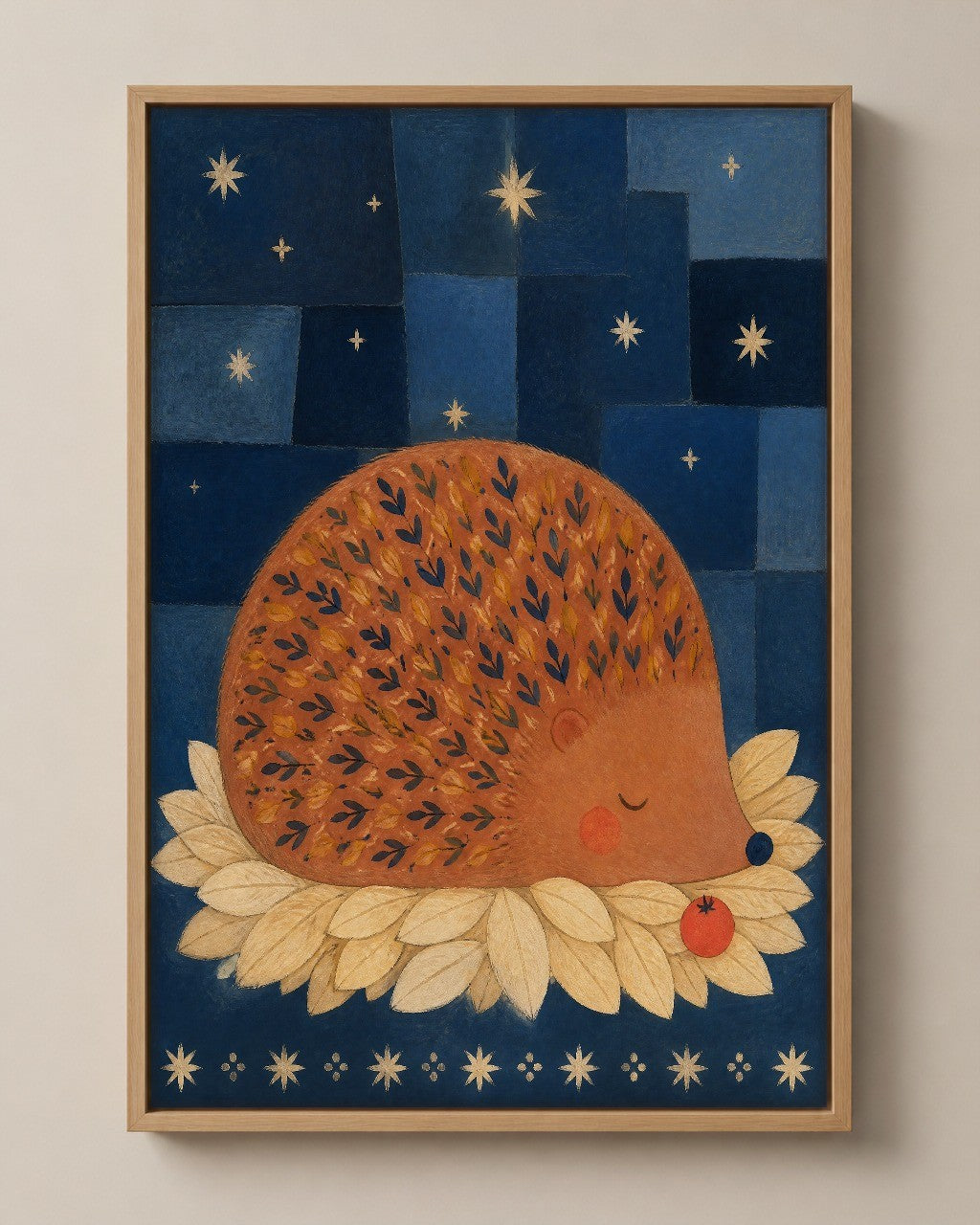 The Sleeping Hedgehog folk art canvas in a natural wood floater frame, seen from the front