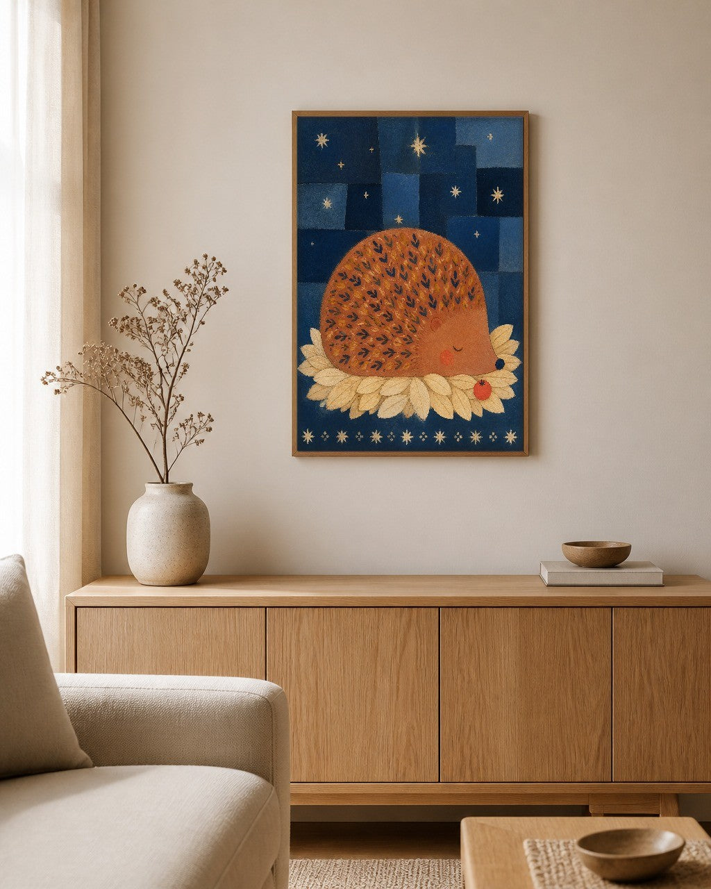 The Sleeping Hedgehog framed canvas hanging on a calm nursery wall