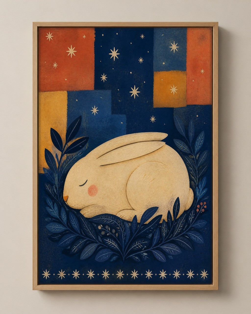 The Sleeping Hare folk art canvas in a natural wood floater frame, seen from the front