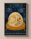 The Sleeping Cat folk art canvas in a natural wood floater frame, seen from the front