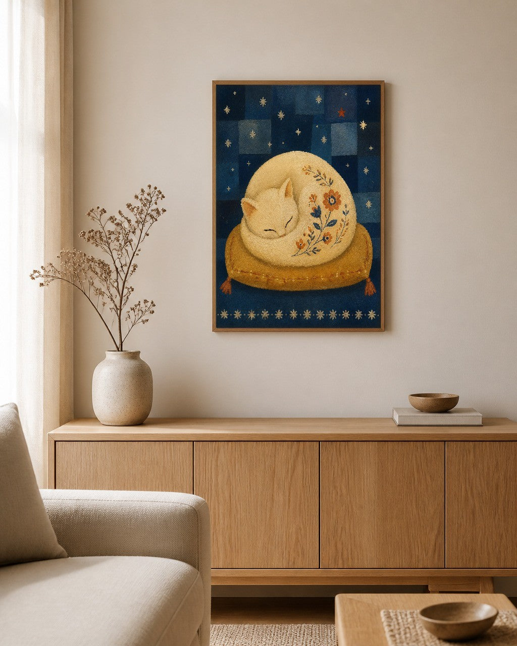 The Sleeping Cat framed canvas hanging on a calm nursery wall