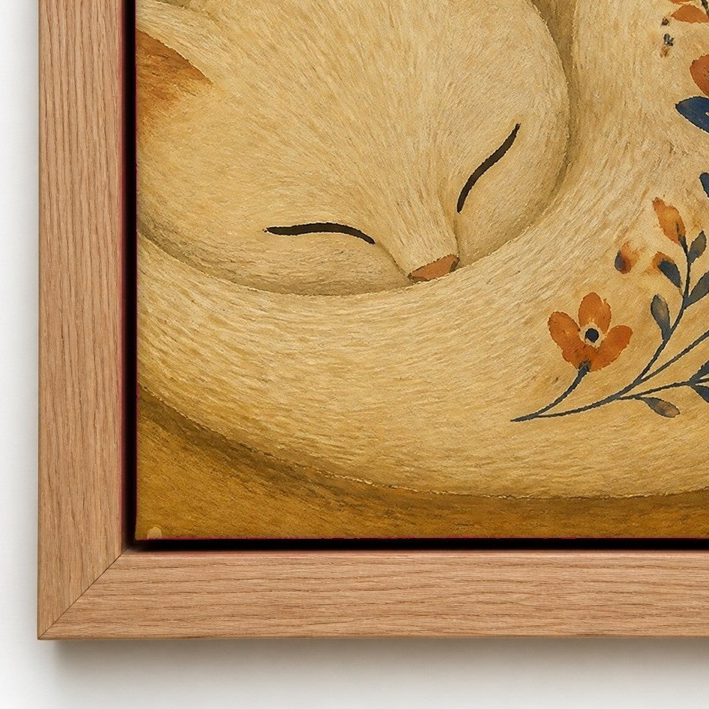 Close up of the natural wood floater frame and the cotton canvas texture