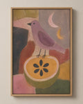 The Bird and the Cut Fruit still life canvas in a natural wood floater frame, seen from the front