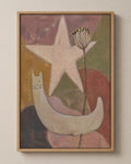 The Cat and the Seed Head muted folk art canvas in a natural wood floater frame, seen from the front