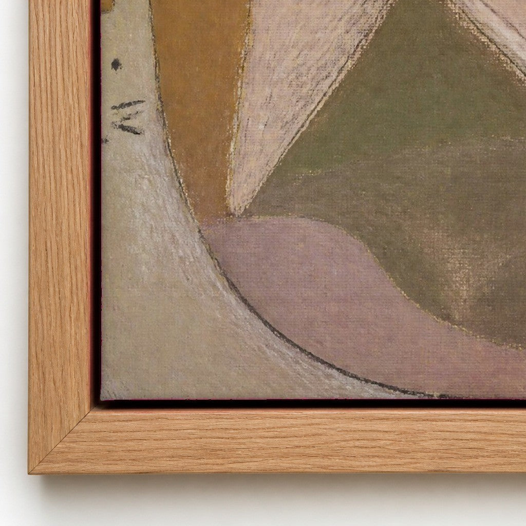 Close up of the painted surface and the natural wood floater frame