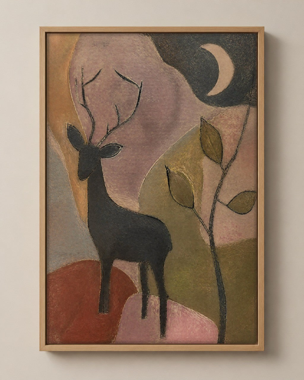The Deer in the Cut Field muted folk art canvas in a natural wood floater frame, seen from the front