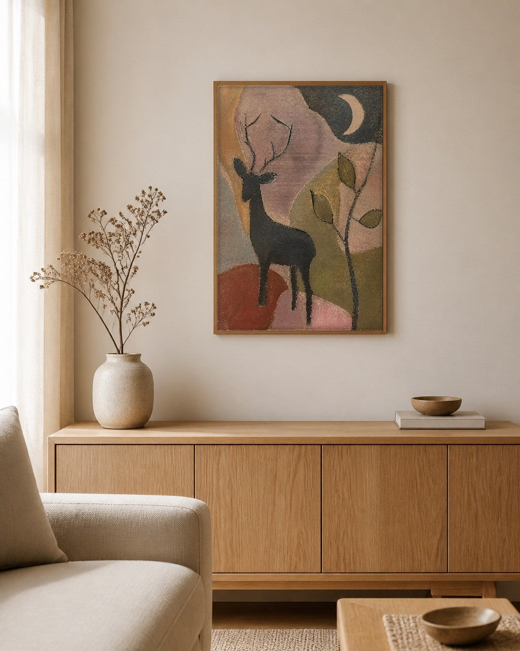 The Deer in the Cut Field framed canvas hanging above a sideboard in a calm living room