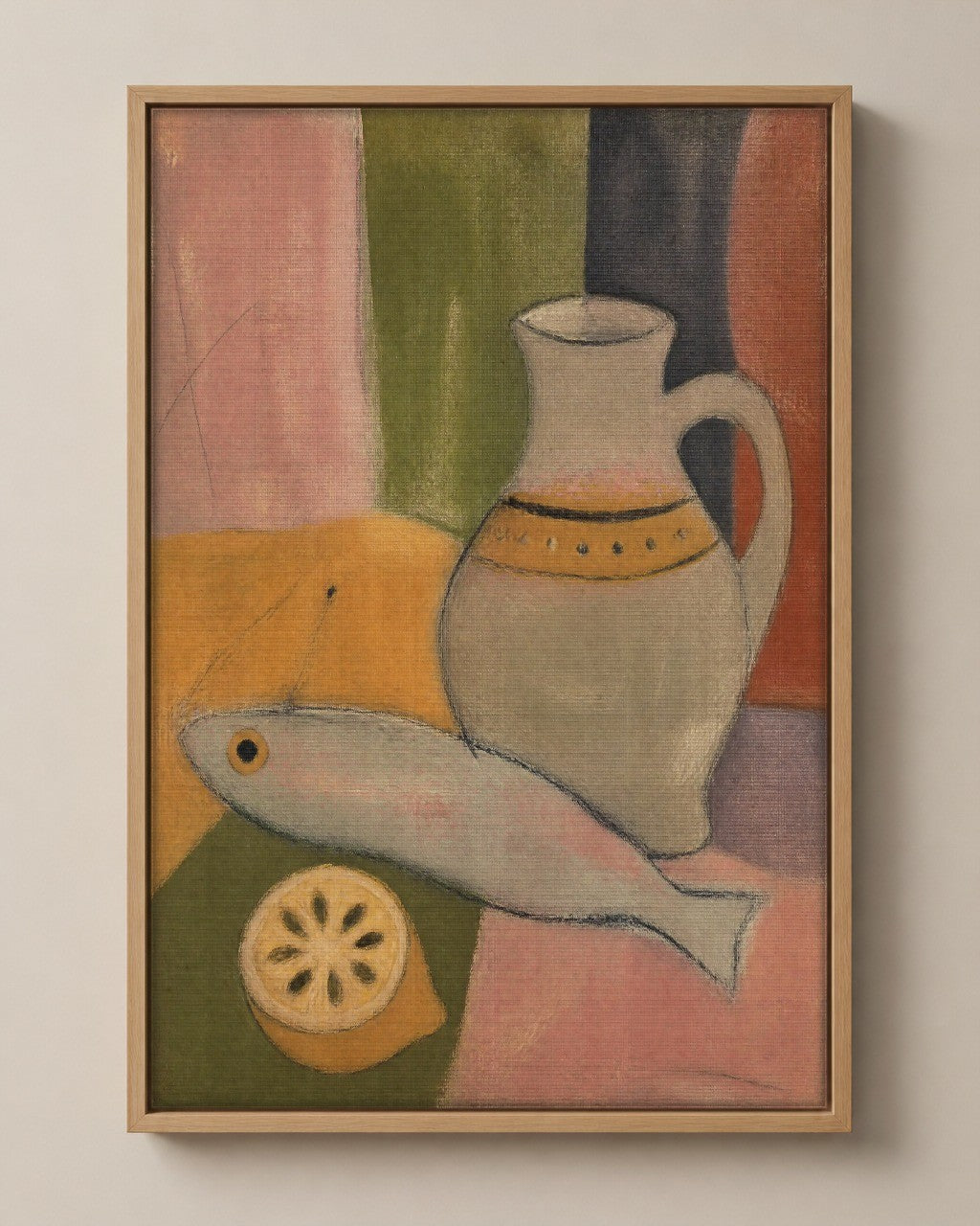 The Fish and the Jug folk still life canvas in a natural wood floater frame, seen from the front
