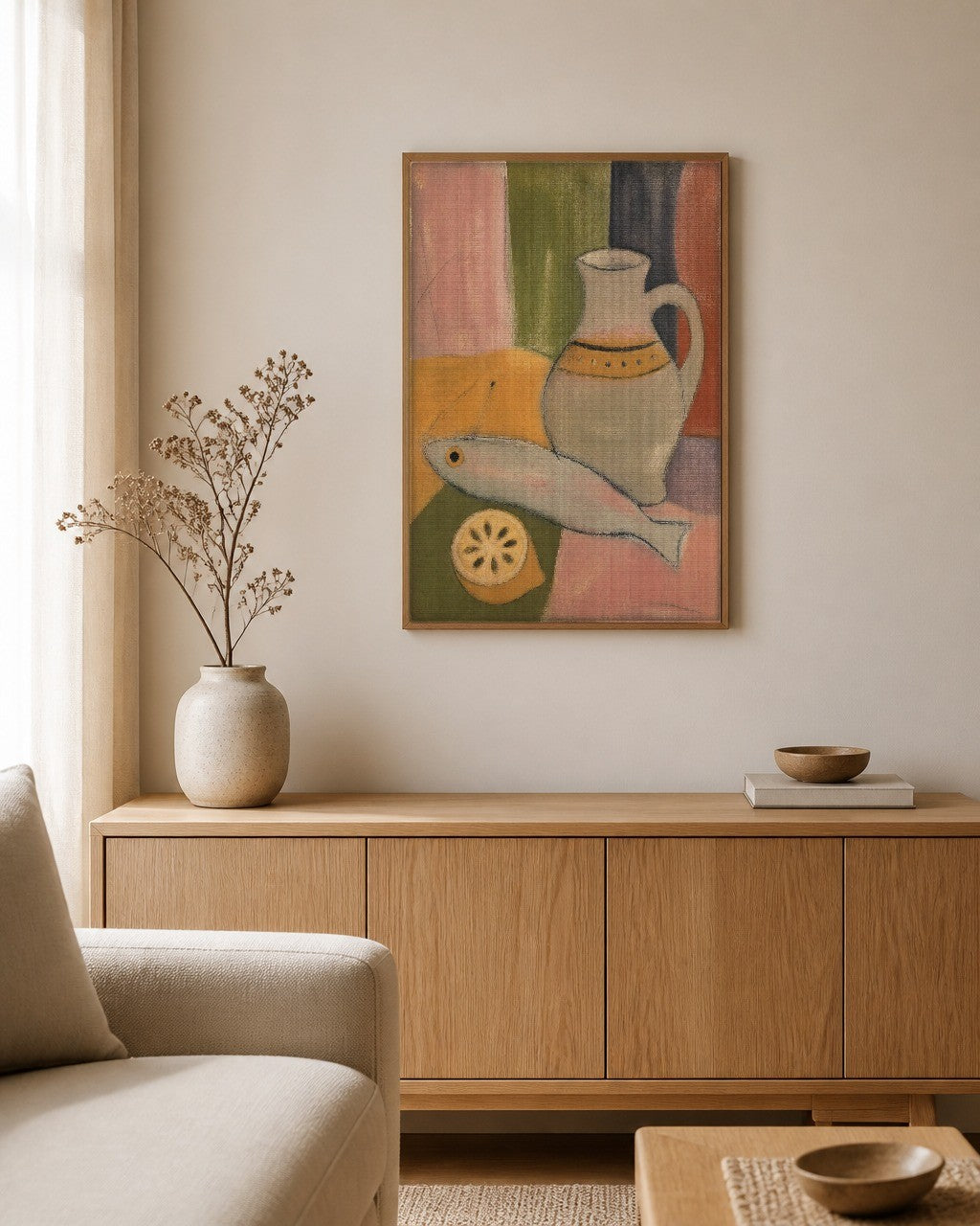 The Fish and the Jug framed canvas hanging above a sideboard in a calm living room