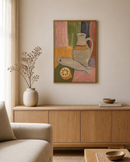 The Fish and the Jug framed canvas hanging above a sideboard in a calm living room