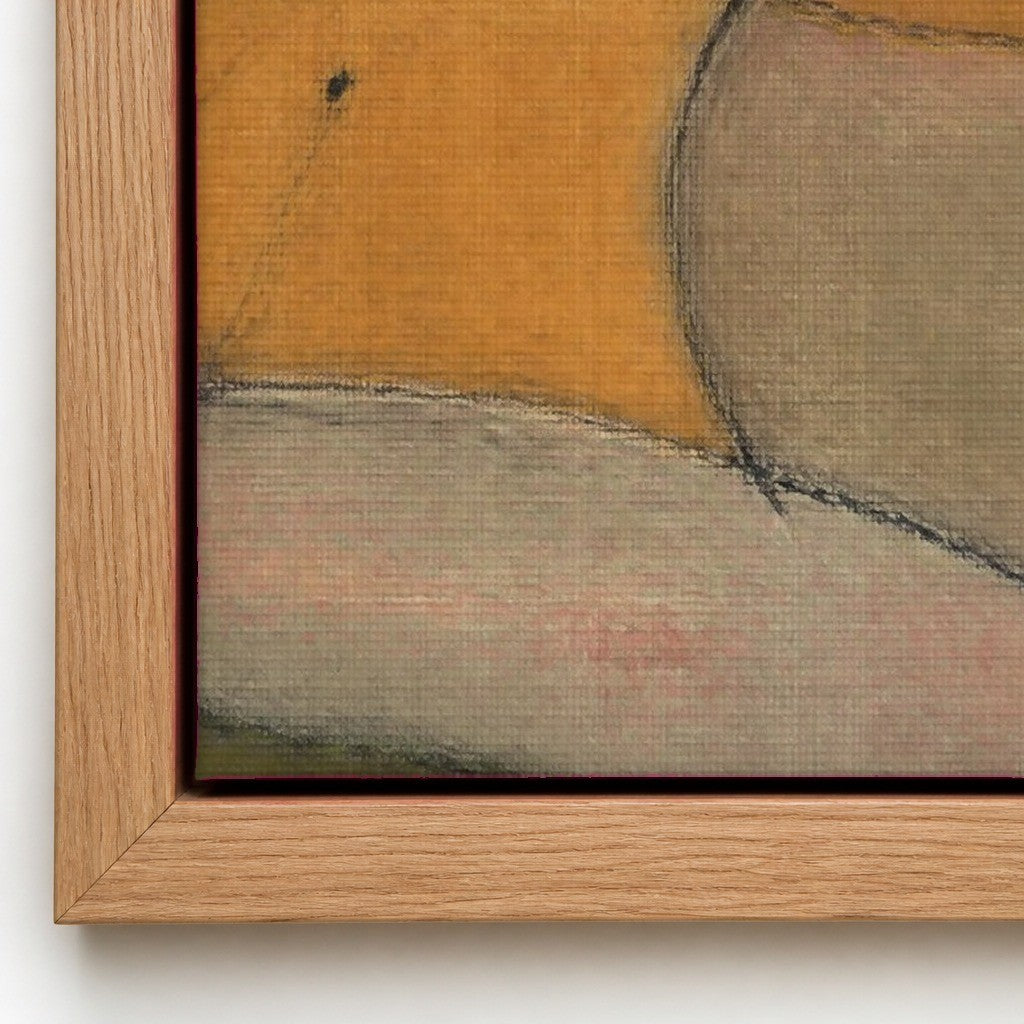 Close up of the painted surface and the natural wood floater frame