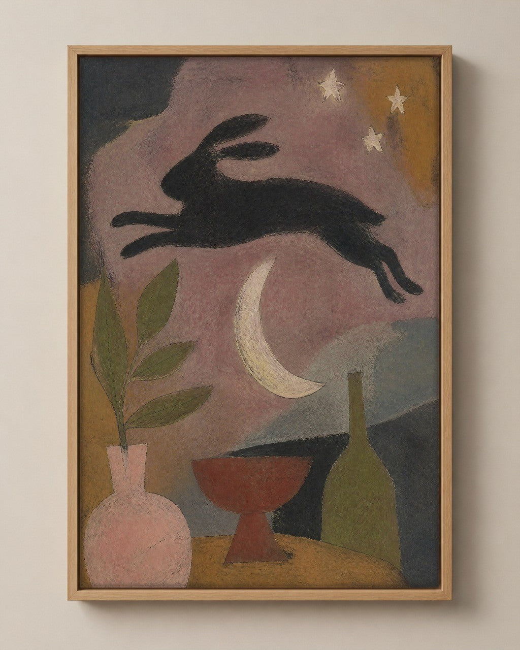 The Hare and the Late Moon muted folk art canvas in a natural wood floater frame, seen from the front