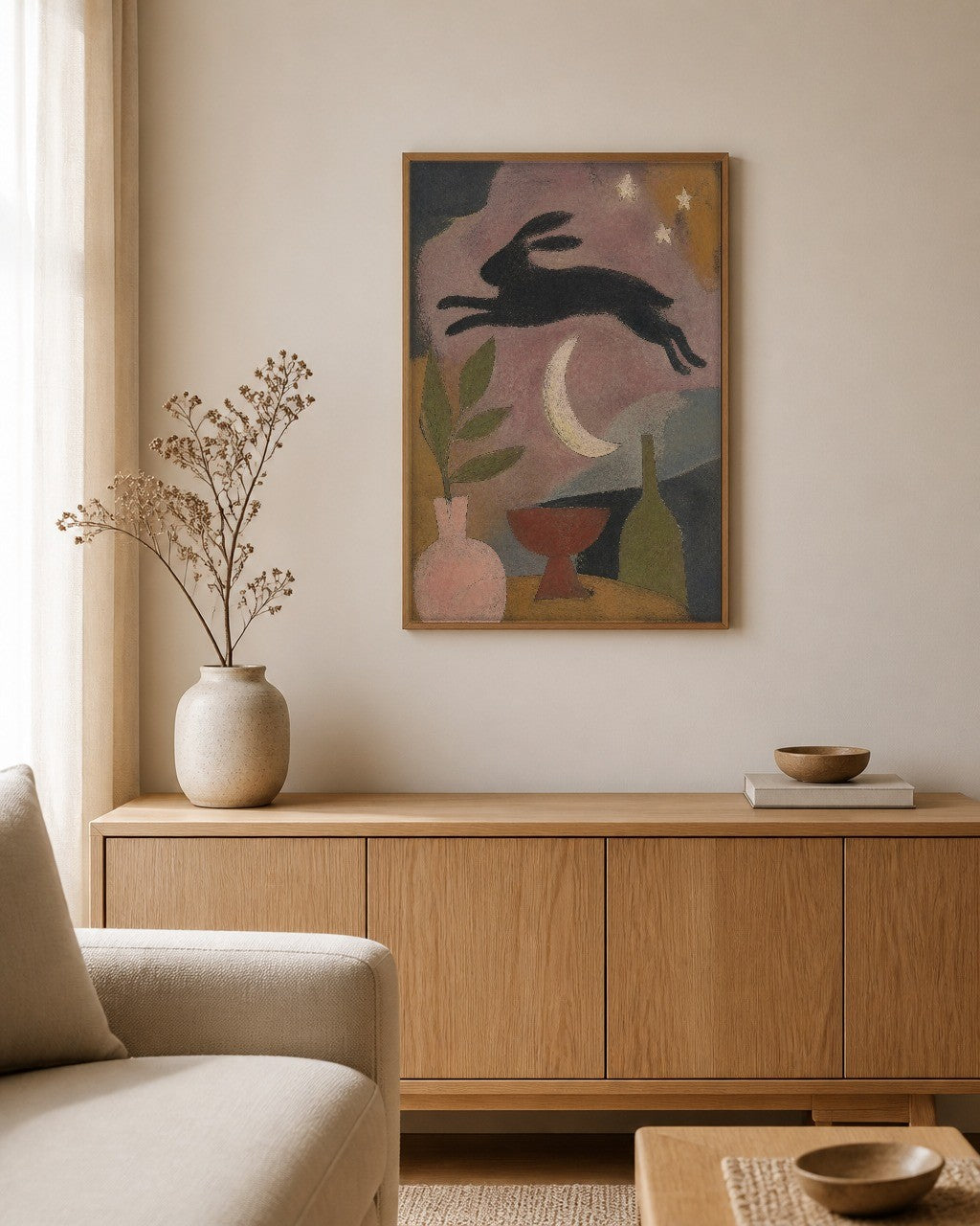 The Hare and the Late Moon framed canvas hanging above a sideboard in a calm living room