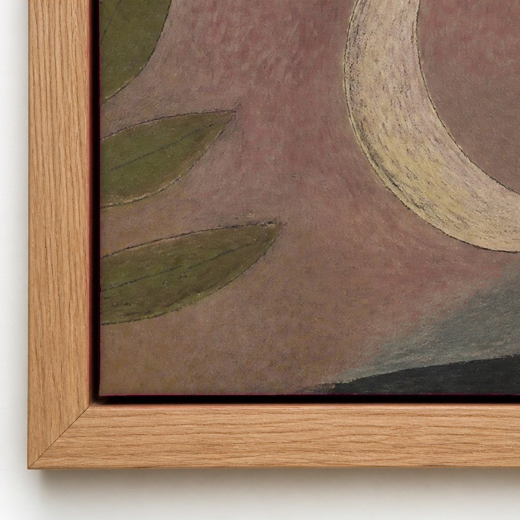 Close up of the painted surface and the natural wood floater frame