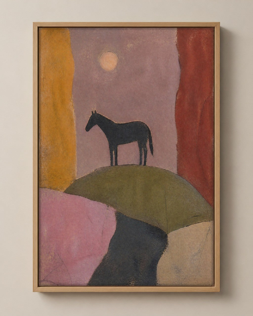 The Horse Between Two Fields muted folk art canvas in a natural wood floater frame, seen from the front