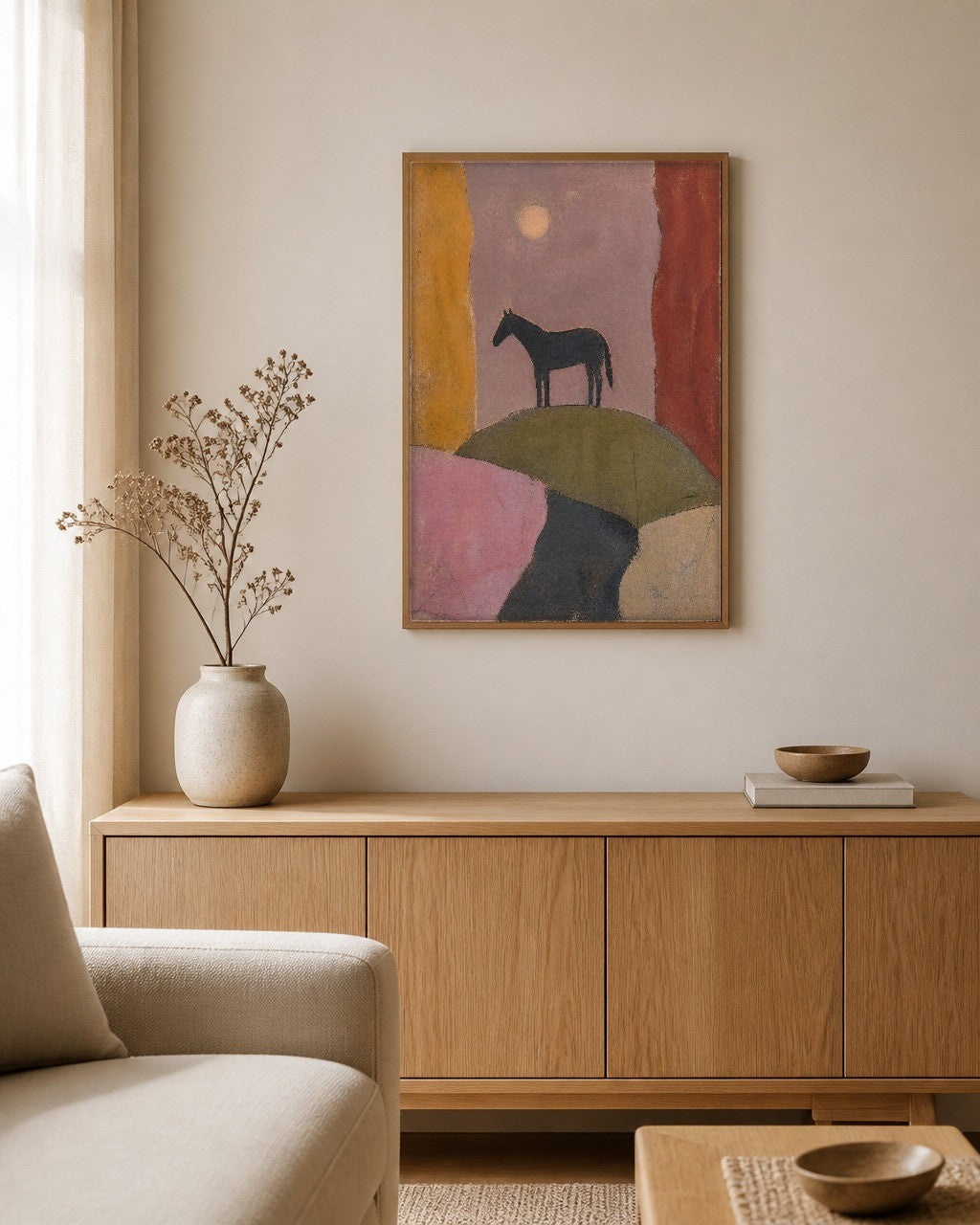 The Horse Between Two Fields framed canvas hanging above a sideboard in a calm living room