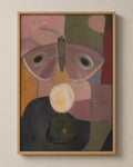 The Moth and the Lamp muted folk art canvas in a natural wood floater frame, seen from the front