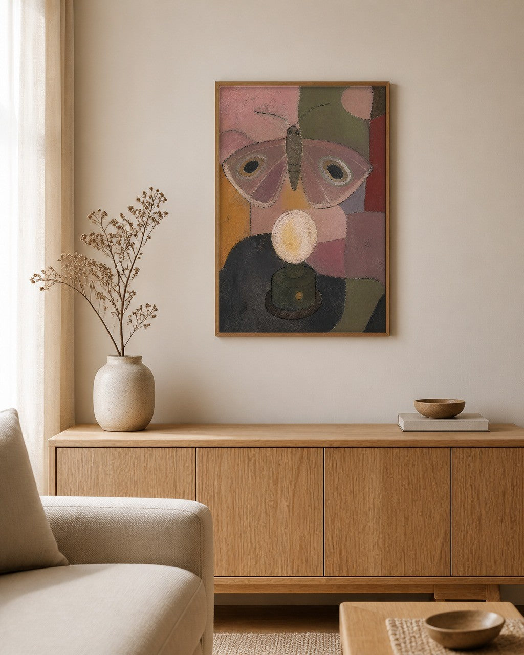 The Moth and the Lamp framed canvas hanging above a sideboard in a calm living room