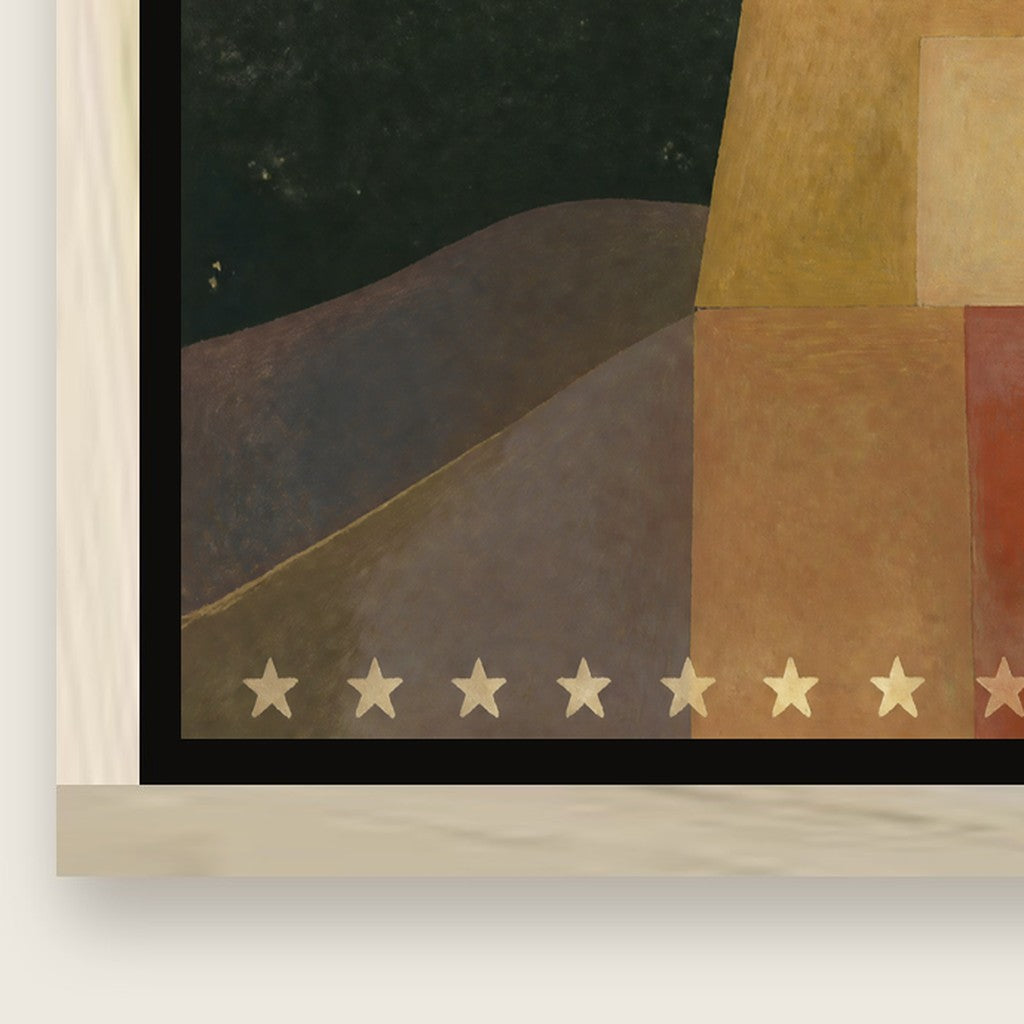 Corner close up: the 12 mm wood face, the 5 mm black shadow gap and the canvas floating inside the floater frame, with the hand painted star border along the bottom