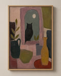 The Owl in the Window muted folk art canvas in a natural wood floater frame, seen from the front