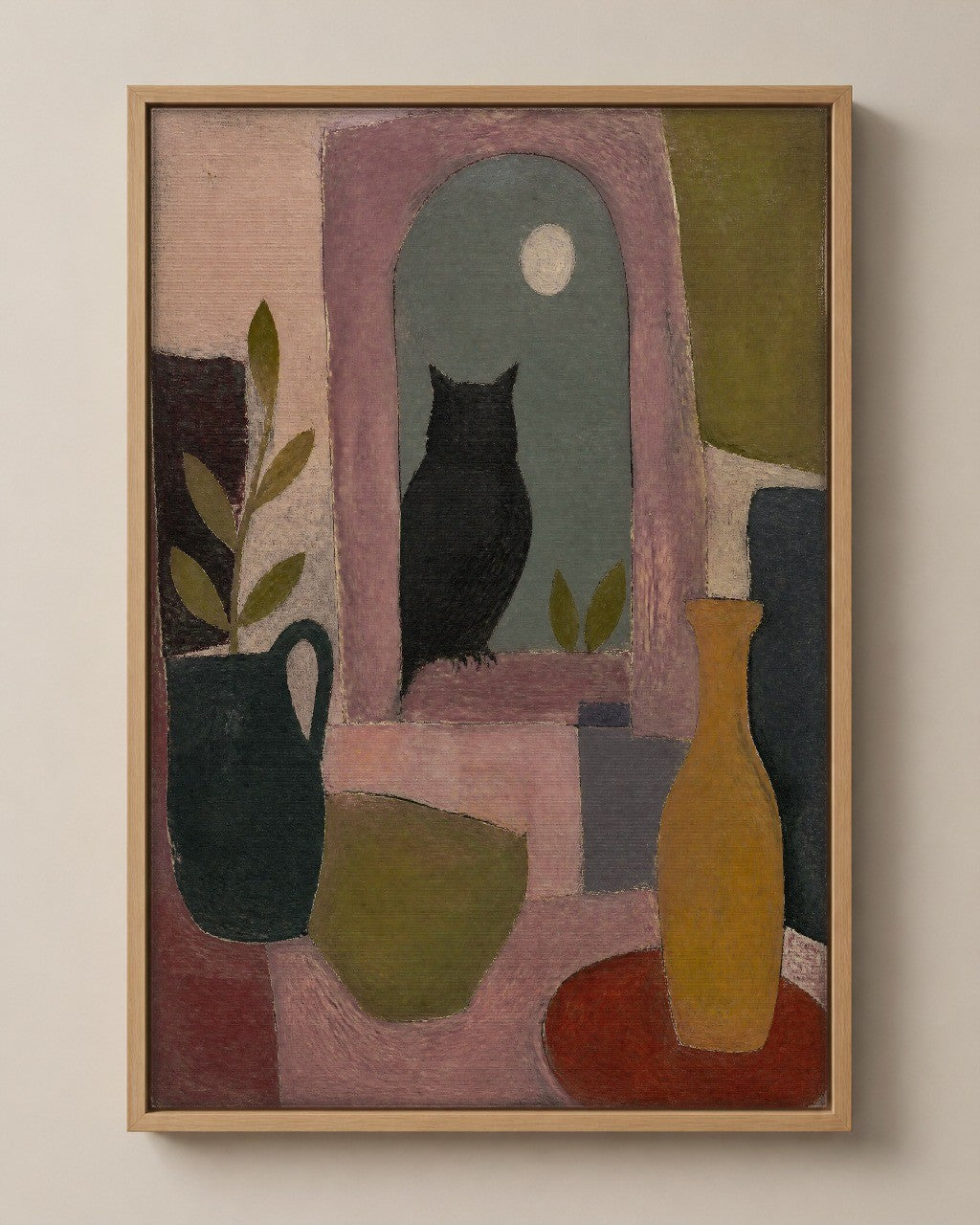 The Owl in the Window muted folk art canvas in a natural wood floater frame, seen from the front