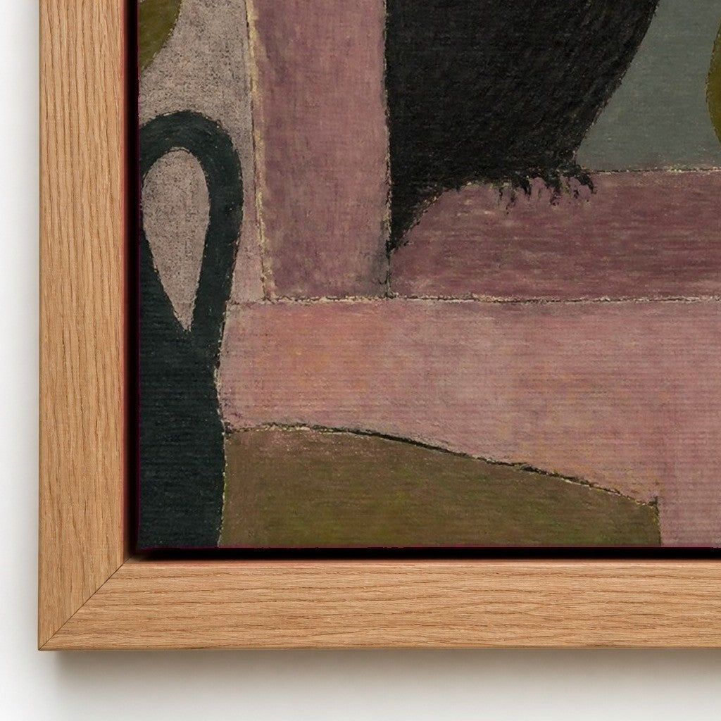 Close up of the painted surface and the natural wood floater frame